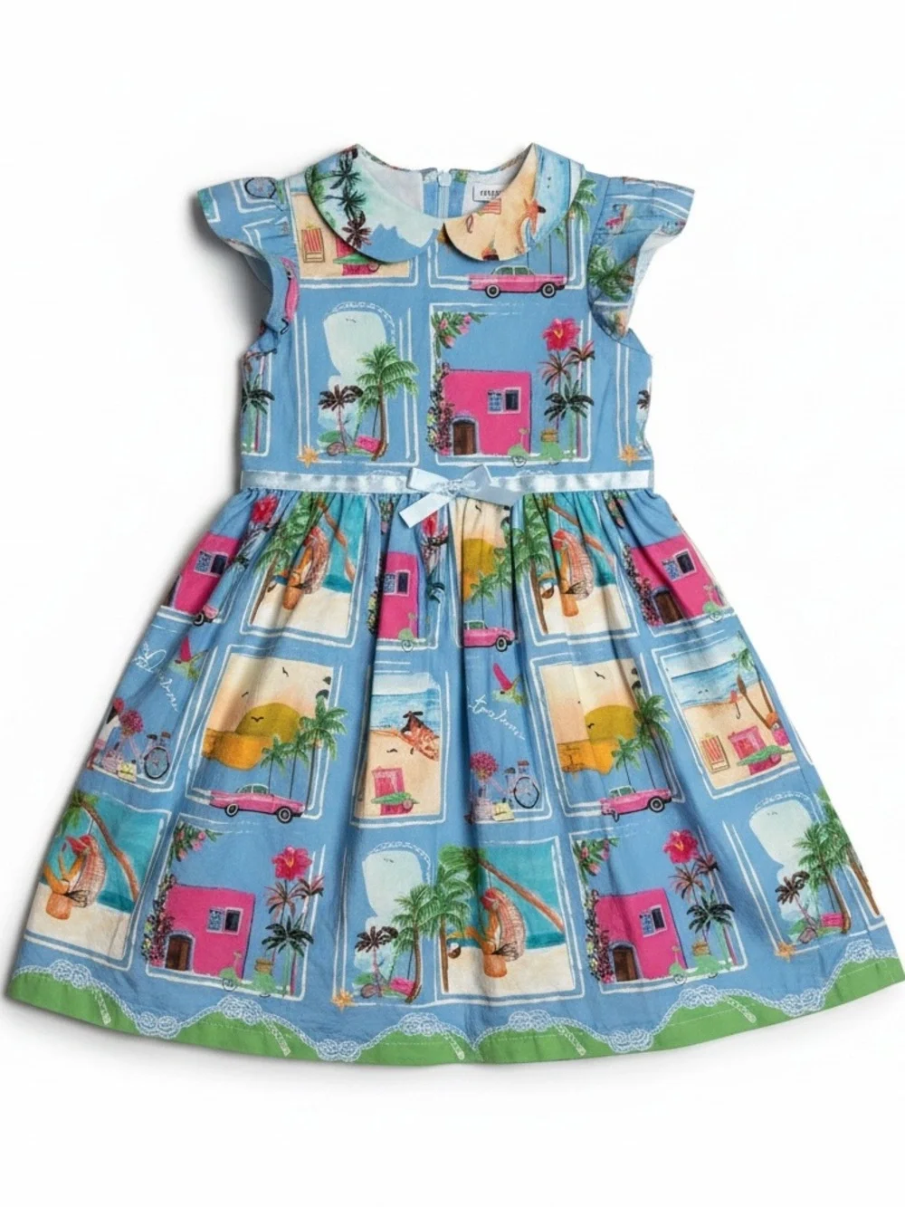 Patachou Girls Blue Postcard Beach Print Dress Size 8Y Cotton Peter Pan Collar